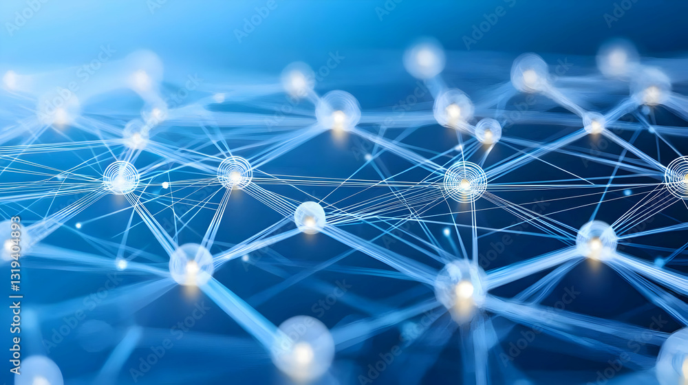 Poster abstract network of connected spheres with lines in blue tones representing data and information tec