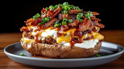 An enticing loaded baked potato with layers of crispy bacon, creamy cheese, and fresh green onions, offering a satisfying blend of flavors for any occasion or meal.