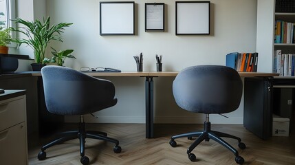 Contemporary Office Workspace with Minimalist Chairs and Stylish Decor Featuring Green Plant
