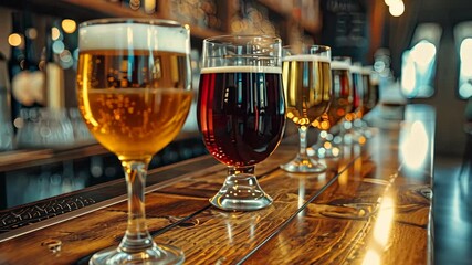 Enjoy a selection of local craft beers served in elegant glasses along a polished wooden bar in a warm pub atmosphere - Powered by Adobe