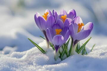 Vibrant Spring Crocuses Poking Through Snow, Highlighting Purple Hues Against a White Winter Background