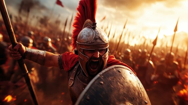 A powerful Spartan warrior leads a charge, displaying raw emotion and strength amidst a chaotic battlefield, surrounded by fellow soldiers in a fight for glory. - Powered by Adobe