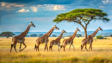 Obraz premium A majestic group of giraffes gracefully strides across the golden savanna under a sprawling acacia tree, bathed in the warm light of the setting sun.