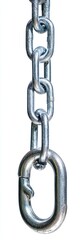Fototapeta premium Shiny Steel Chain and Hook Isolated on White Background - Durable Lifting Device with Scratched Texture and Interconnected Links