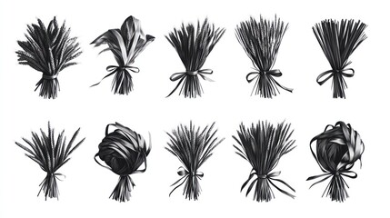 Twelve monochrome wheat sheaves tied with ribbon, isolated on white, for design