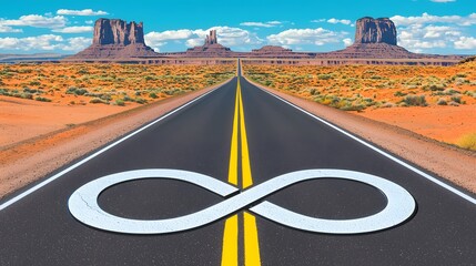 Endless Road with Infinity Symbol Under a Bright Blue Sky in an Iconic Desert Landscape