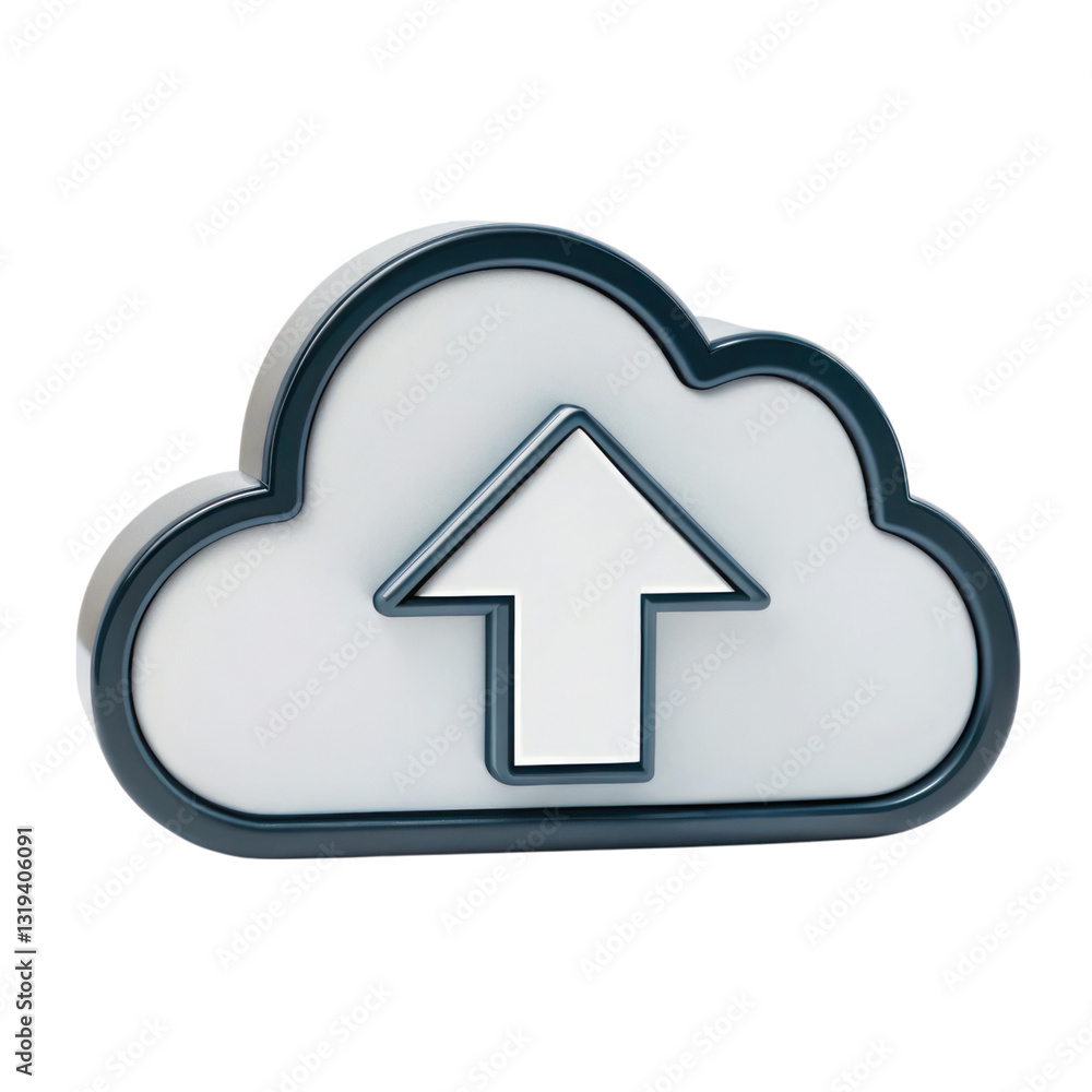 Poster 3d cloud upload icon with arrow, symbolizing data transfer and storage