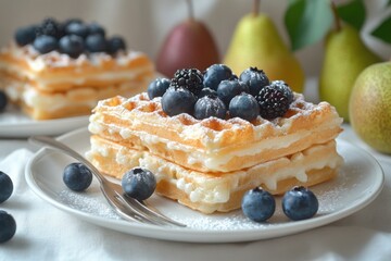 Waffle stacks topped with berries and cream dusted with powdered sugar Pears rest in the background on a white cloth surface