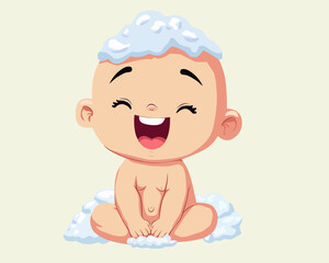 Cute baby taking a bath with soap bubbles on the head. Happy infant enjoying bath time. Concept of baby hygiene, child care, cleanliness, and fun bathing moments