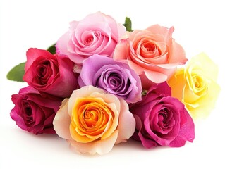 Naklejka premium Vibrant Bouquet of Colourful Assorted Roses Against a Crisp White Backdrop
