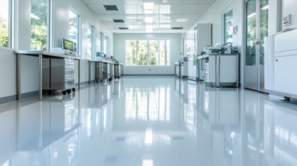 A bright, spacious laboratory showcasing modern equipment and clean lines offers an organized environment suitable for cutting-edge research and scientific discovery.