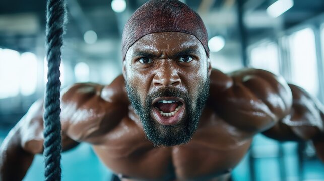 A focused male athlete intensely climbs a rope in a workout session, showcasing determination, physical strength, and emotional drive in a professional gym setting.
