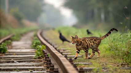 Bengal cat walking along train tracks in a serene natural landscape captured outdoors emphasizing wildlife movement and habitat interaction