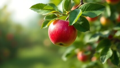 Juicy Red Apple Hanging on Branch in Orchard