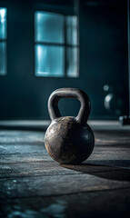 Fototapeta premium A weathered kettlebell in a dimly lit gym showcases dedication and strength training.