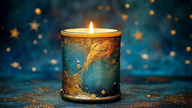 Schimmernde Kerze mit goldenen Mustern auf blauem Hintergrund
