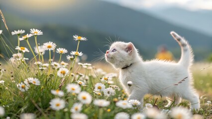 Obraz premium Playful white kitten frolicking among daisies in a lush green meadow during golden hour nature photography outdoor serenity