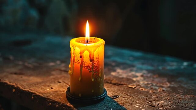 Einzelne Kerze in blauer Umgebung mit heller Flamme