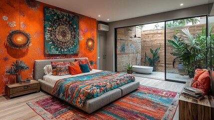 Vibrant Modern Bedroom Design with Colorful Decor and Indoor-Outdoor Transition Featuring Freestanding Bathtub