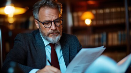 A sophisticated businessman meticulously reviews critical documents at his desk in a warm-lit library, showcasing his dedication and professionalism amidst a charming environment.