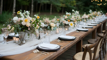 Long wooden wedding reception table setting with floral arrangements and candles outdoors in natural light