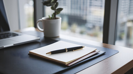 A professional office desk with a notepad and a pen placed on top.