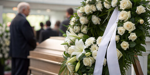 Funeral service with white floral wreaths and grieving family members paying last respects in church