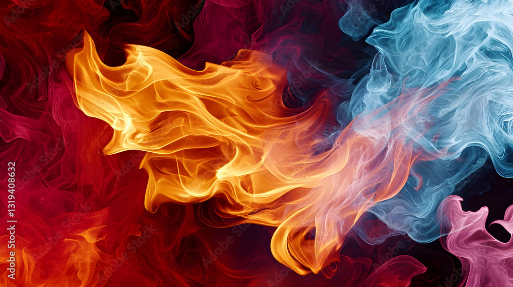 Poster dynamic swirling fire and ice collision with abstract smoke texture on dark background