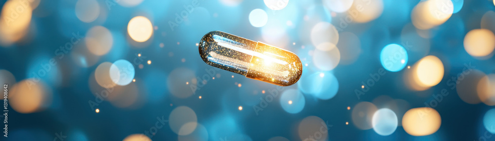 Poster floating selenium capsule surrounded by shimmering light and bokeh effects