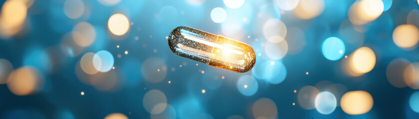 Fototapeta premium Floating selenium capsule surrounded by shimmering light and bokeh effects