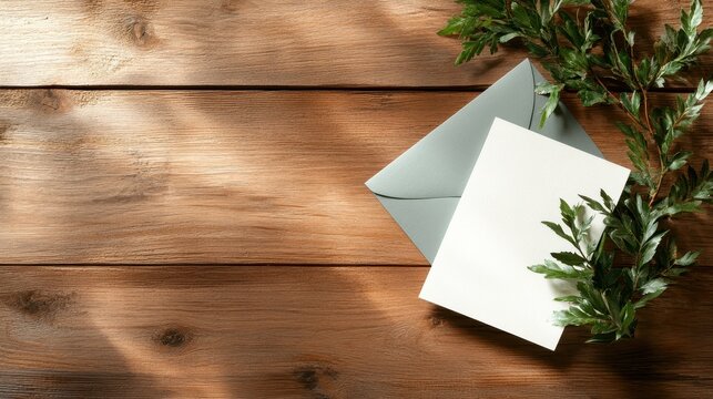 An artistic arrangement featuring blank stationery beside leafy greenery on a wooden table, evoking a sense of creativity and inspiration.