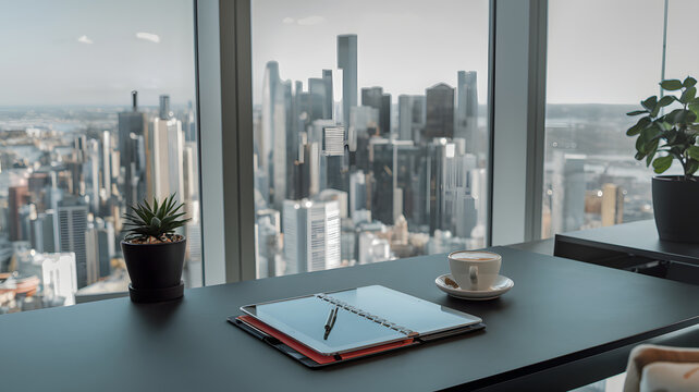 A sleek office desk with a tablet, planner, and cup of coffee.