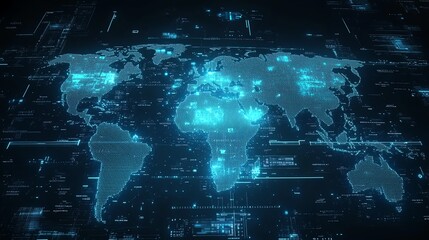 Fototapeta premium Abstract world map with dotted neon blue HUD interface, futuristic digital elements on white background, concept of virtual global design 3D Rendering