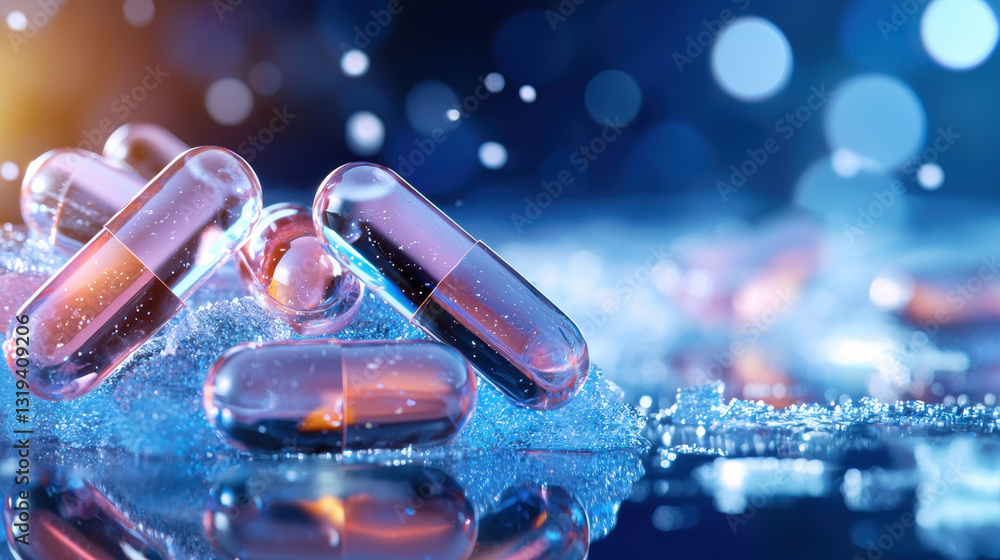 Poster selenium capsules resting on icy reflective surface, creating serene atmosphere