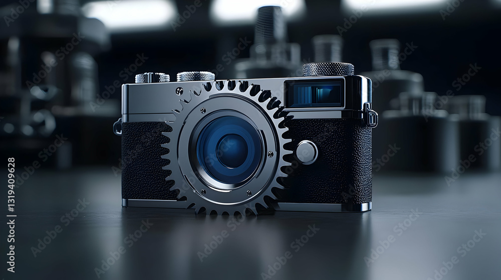 Poster intricate metallic camera with exposed gears on dark table in workshop setting with blue lens reflec