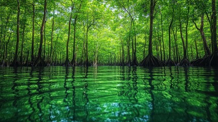 Lush mangrove forest reflected in still water