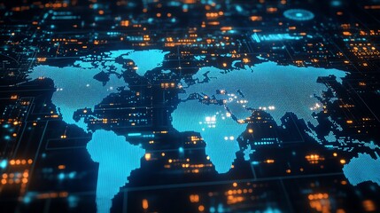 Abstract world map with dotted neon blue HUD interface, futuristic digital elements on white background, concept of virtual global design 3D Rendering