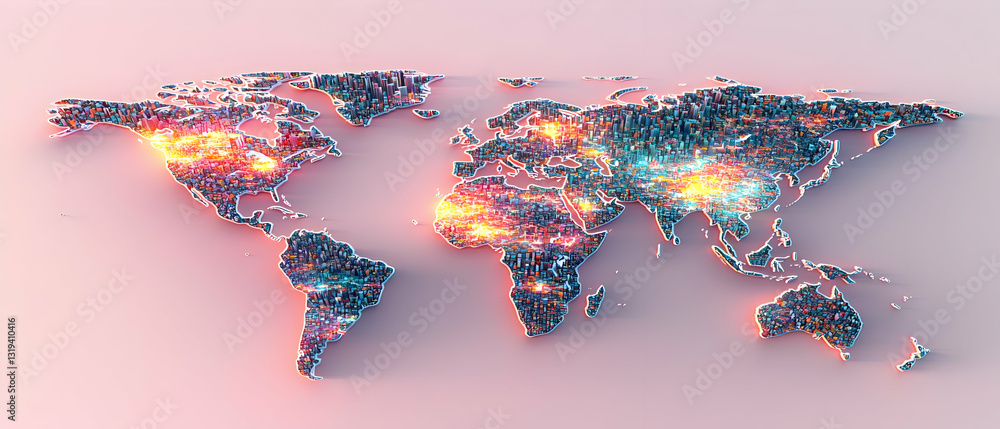 Poster a pixelated 3d world map with glowing spots on pink background depicting global connectivity and dat