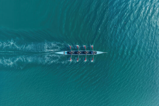 Aerial view of rowing team in synchronization on turquoise water