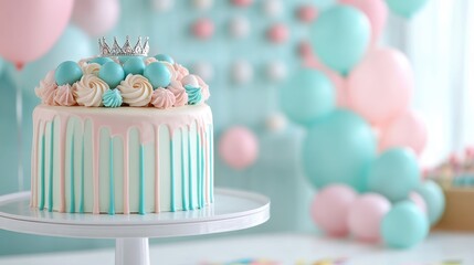 A beautifully decorated birthday cake featuring pastel colors, a crown, and delightful frosting, set against a backdrop of balloons and a festive atmosphere.