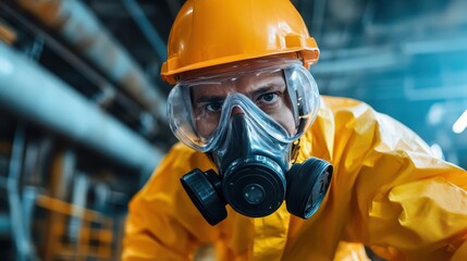 A close-up image of a worker in a yellow safety suit and gas mask, demonstrating vigilance and professionalism in an industrial environment.