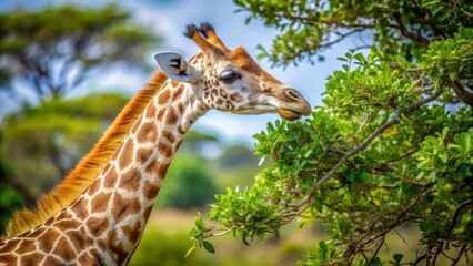 A young giraffe gracefully reaches for fresh leaves, its spotted coat a striking contrast against the vibrant green foliage, a serene moment in the wild