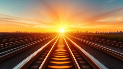 An enchanting cityscape view featuring railroad tracks bathed in a golden sunset glow, symbolizing life’s journey and the beauty of evening serenity.