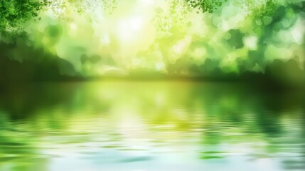 Abstract blurred background of nature with green trees and water reflection.