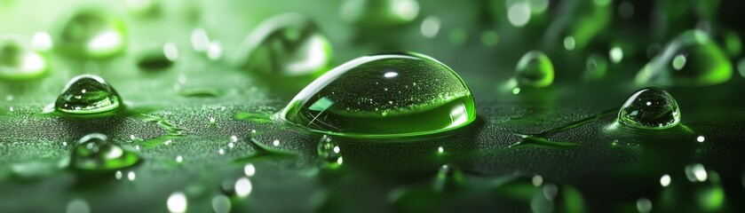A close up of water droplets on a green surface