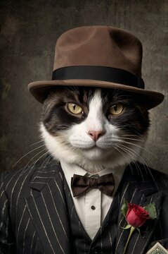 Mafia Whiskers: A Tuxedo Cat Who Ruled the City with Power, portrait, vintage, mafia, 1920, clothing, mob boss, al capone, fashion, tuxedo, fedora