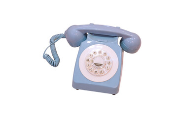 Vintage dial telephone. The old fashioned blue and gray analog rotary phone isolated on transparent background, png file