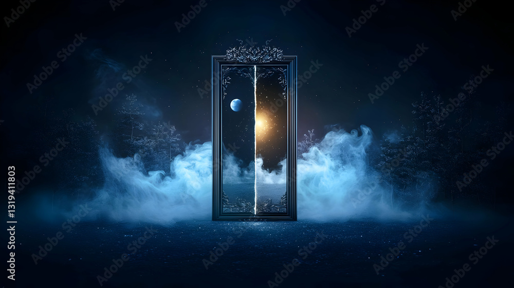 Poster abstract blue glass structure with exploding particles and bright light displaying a dynamic artisti