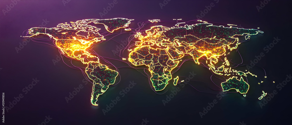 Poster illuminated world map on dark purple background with glowing lines and dots highlighting continents 