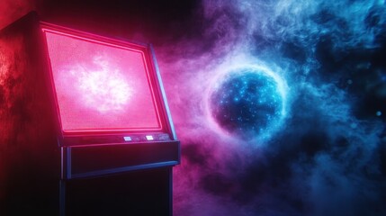 An abstract and vibrant depiction of a retro arcade machine set against a cosmic background, embodying nostalgia and the allure of gaming culture.